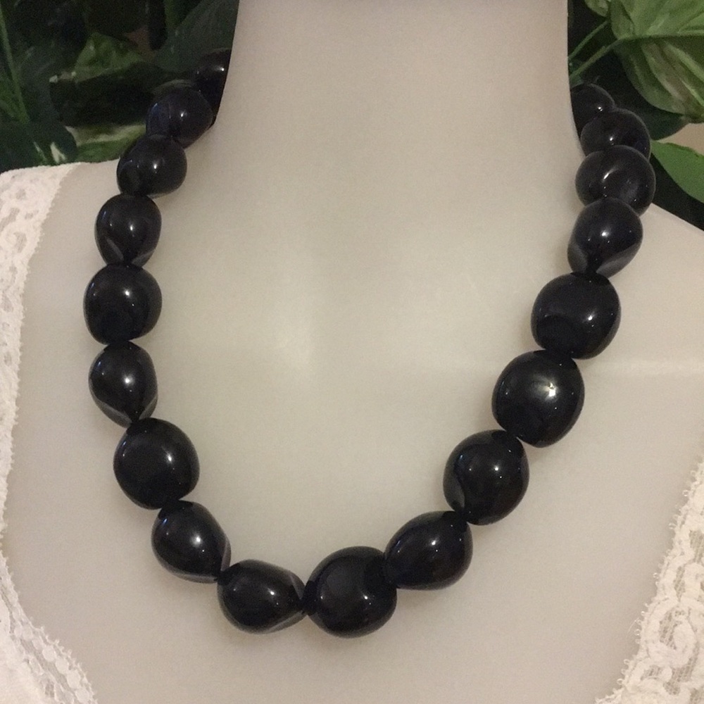 Vintage Large Chunky Black Bead Necklace 10” Drop